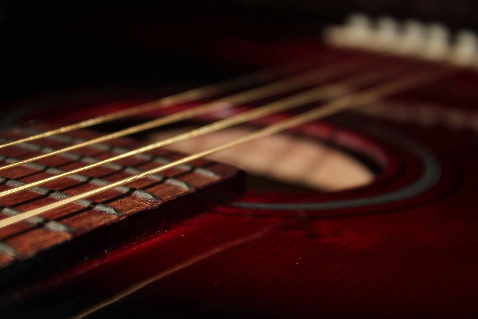 Close-up of the strings and sound hole of an acoustic guitar