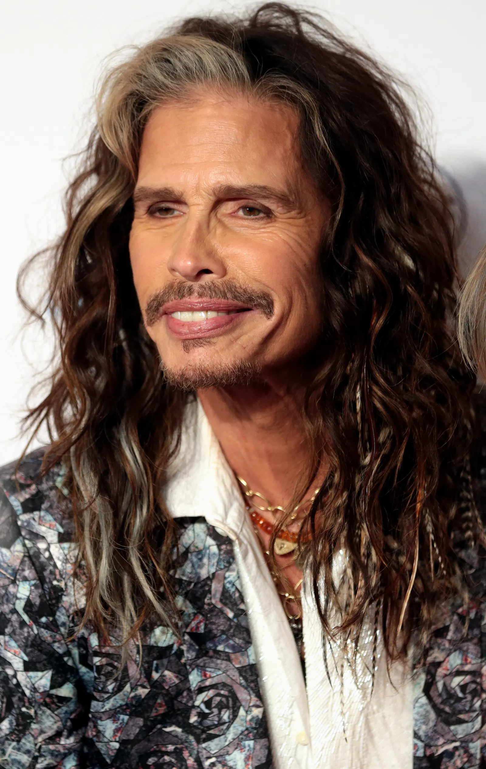 Steven Tyler with long highlighted hair, a patterned jacket, white shirt and necklaces against a pale background